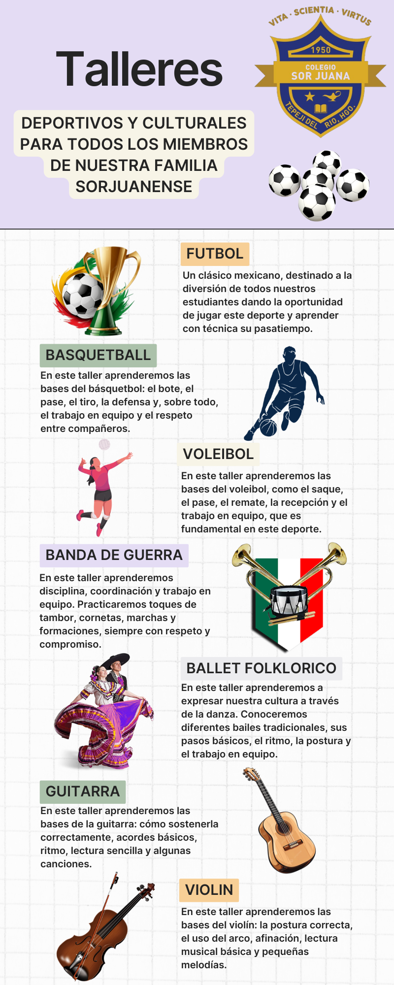 Infografía de Talleres - Futbol, Basketball, Voleibol, Banda de Guerra, Ballet Folklórico, Guitarra, Violín